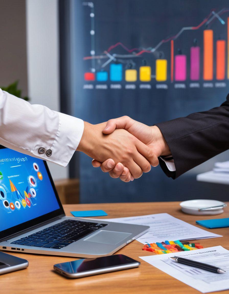 A professional-looking person, confidently shaking hands with a recruiter in a modern office setting, surrounded by job search tools like a resume and laptop. In the background, colorful graphs and statistics illustrate job market trends, while a glowing lightbulb symbolizes innovative recruitment solutions. The scene should feel dynamic and inspiring, conveying success in job searching. super-realistic. vibrant colors. minimalist background.